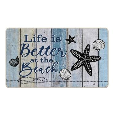 Imagem de Livcoz Life is Better at The Beach Welcome Tapete de porta da frente, tapete decorativo de estrela do mar náutica costeira, tapete de entrada antiderrapante, perfil baixo para casa de fazenda