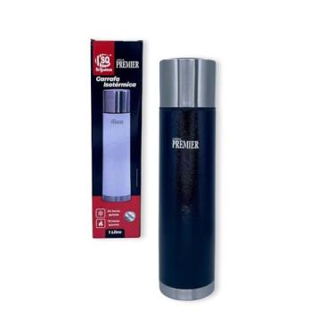 Imagem de Garrafa Térmica Inox, 1 Litro, Preta, Parede Dupla, Isolamento à Vácuo, Mantém Bebida Gelada 24h e Quente 12h, 32cm x 8,5cm