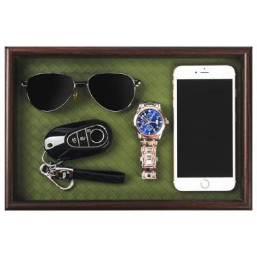 Imagem de Zosenley Bandeja de madeira com base de couro - organizador de mesa de cabeceira para colônia, perfume, chaves, carteira, telefone, relógio, joias e óculos de sol (verde)