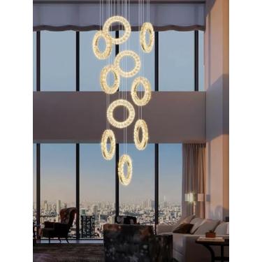 Imagem de Lustre moderno de cristal com 10 anéis, luminária pendente longa para escada, LED, para sala de estar, com controle remoto, luminária suspensa para hall de entrada com pé direito alto, anel