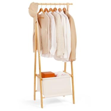 Imagem de Relquorax Arara de roupas de bambu com caixa de armazenamento, rack de roupas extra grande portátil, guarda-roupa dobrável para entrada e quarto de cama (P)