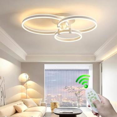 Imagem de Luminária de teto LED moderna para sala de estar com controle remoto, dimerizável, em alumínio, com 3 anéis, estilo lustre, ideal para quarto, sala de jantar e escritório (Branca, 40 x 50 x
