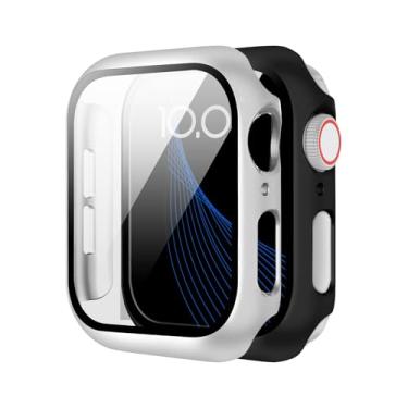 Imagem de (Pacote com 2) compatível com Apple Watch séries 10/9/8/7/6/5/4, com um protetor de tela de vidro temperado e uma capa rígida de PC para proteção total. (preto + prata, 42 mm (S10))