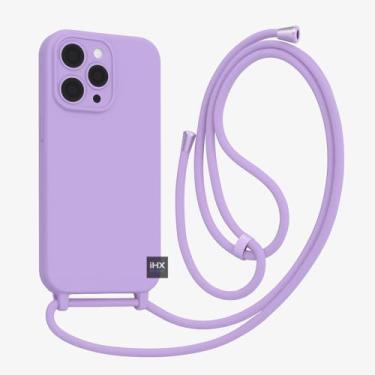 Imagem de Capa Case Capinha Para iPhone 15 PRO MAX Silicone Com Cordão Alça De Pescoço Ajustável Veludo Premium (LILÁS)