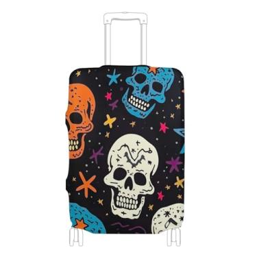 Imagem de Joisal Capa de mala preta com caveiras coloridas e estrelas, fofo, protetor de bagagem, capa personalizada, capa de viagem para mulheres, P, serve para capa de 45 a 50 cm, crânios coloridos estrelas