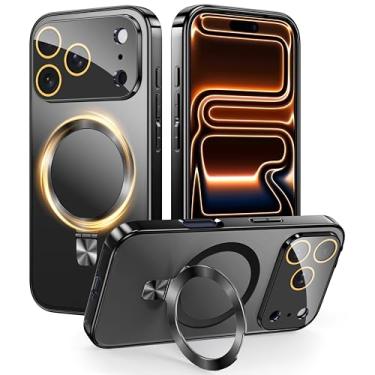 Imagem de TOBOVON Capa magnética para iPhone 17 Pro Max com suporte de anel, serve para MagSafe, com protetor de lente de câmera integrado, capa de telefone fina galvanizada à prova de choque, preta