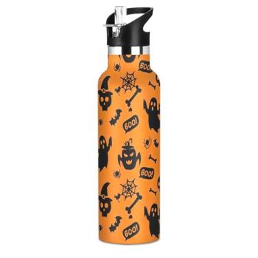 Imagem de Joisal Garrafas de água de Halloween Black Ghosts para meninas e crianças, garrafa de água isolada sem BPA, copos infantis de aço inoxidável com tampa de canudo para bebidas quentes ou frias, 590 ml