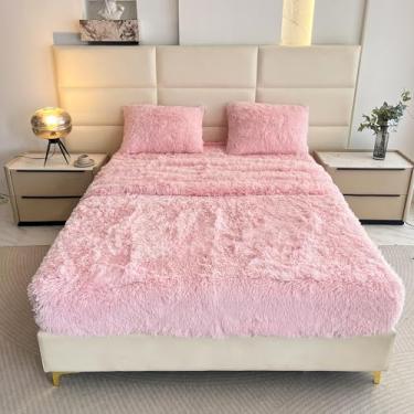 Imagem de chovy Jogo de lençol solteiro de pele sintética rosa com flanela de veludo de pelúcia extramacia, felpudo (2 fronhas, 1 lençol de cima, 1 lençol com elástico)