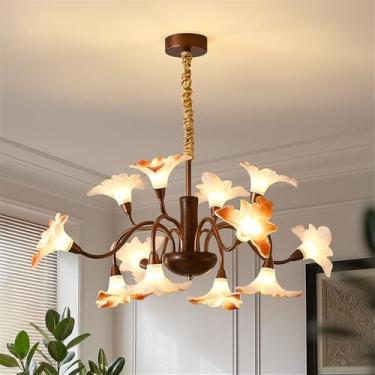 Imagem de OUFULA Lustre Moderno Para Sala de Estar Restaurante Quarto Villa Café LED Decoração Para Casa Francês Pastoral Criatividade Flor Pingente Lâmpada (A 12 luzes)