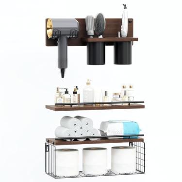 Imagem de RoleDes Conjunto de 3 prateleiras flutuantes para banheiro, prateleira de parede de banheiro com suporte para secador de cabelo e organizador de ferramentas de cabelo, prateleiras flutuantes acima do