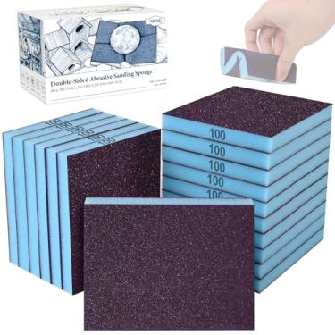 Imagem de KQCXIK Pacote com 18 esponjas de lixamento de dupla face, blocos de lixamento a seco e úmido, pacote sortido de esponja lavável de 100 grãos para móveis de madeira curvada, pintura de drywall metal