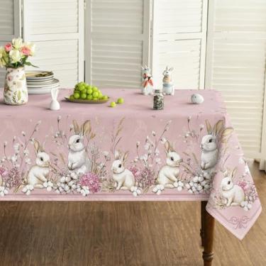 Imagem de Horaldaily Toalha de mesa retangular de Páscoa, 152 cm x 213 cm, flores rosa coelhinho da Páscoa, lavável, capa de mesa sazonal para decoração de festa, piquenique, jantar