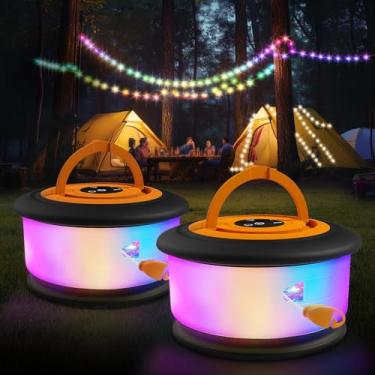 Imagem de 2 cordas de luzes de acampamento, 2 em 1 atualizado de 32,8 m recarregável para barraca com 19 modos de iluminação, luzes de acampamento de armazenamento rápido, lâmpada LED portátil para decoração de