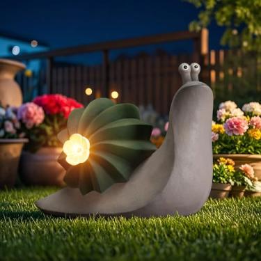 Imagem de Etlemonde Luz decorativa de gnomo de cacto movida a energia solar - Ornamento caprichoso ao ar livre com flor de LED para decoração de jardim, pátio e quintal (caracol de cacto - suporte)