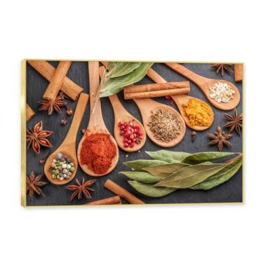 Imagem de NHLDZYH Moldura dourada. Arte de parede em tela de especiarias coloridas e colher de tempero | Decoração de cozinha vintage | Arte moderna para casa e sala de jantar. C113. 40 x 60 cm - 15,8 x 23,7