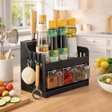 Imagem de Porta Condimentos Rack de Metal Preto com Compartimentos em Acrílico para Cozinha
