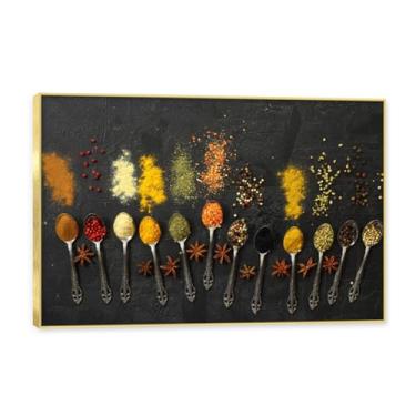 Imagem de Moldura dourada. Arte de parede em tela de especiarias coloridas e colher de tempero | Decoração de cozinha vintage | Arte moderna para casa e sala de jantar. C83. 50 x 75 cm - 19,7 x 29,6 pol