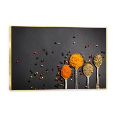 Imagem de NHLDZYH Moldura dourada. Arte de parede em tela de especiarias coloridas e colher de tempero | Decoração de cozinha vintage | Arte moderna para casa e sala de jantar. C51. 40 x 60 cm - 15,8 x 23,7 pol