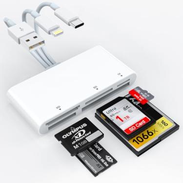 Imagem de Leitor de cartão de memória 5 em 1 com conector triplo – Adaptador USB C/Lightning/USB-A para SD/TF/MS/XD/CF, transferência de vídeo de foto de alta velocidade da câmera para iPhone, iPad, Android