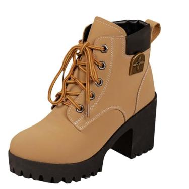 Imagem de Botas femininas com detalhe de metal, salto grosso, plataforma, cano baixo, para outono e inverno, calçados casuais, Amarelo, 36