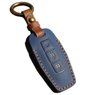 Imagem de Capa de couro artesanal para chave de carro, capa com chaveiro compatível com mitsubishi outlander 2023, acessórios de suporte para chave remota inteligente(2 Buttons Blue)