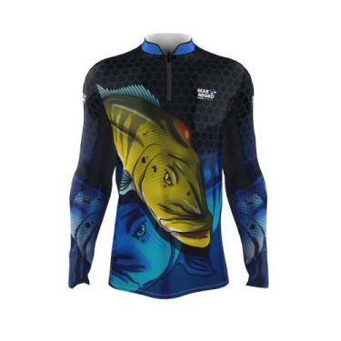 Imagem de Camiseta Mar Negro Peixe Pesca Proteção Solar 50+ Com Luvinha Tucunaré
