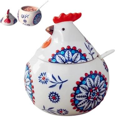 Imagem de Saleiro de cerâmica com tampa e colher | Recipiente grande de sal de galinha de 368 g | Recipientes de sal e pimenta para bancada | Suporte de sal para tigela de açúcar, pote de doces para decoração