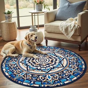 Imagem de jinchan Mandala Tapete redondo 1,5 m azul boho tapete lavável marroquino 1,5 m redondo moderno pacífico tapete macio antiderrapante de perfil baixo para sala de estar, quarto, entrada, cozinha, pátio