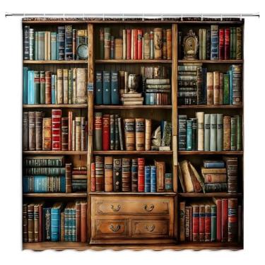 Imagem de Biblioteca, estante de livros, vintage, estante, marrom, educacional, leitura, livros antigos, livros legíveis, tecido de poliéster, conjuntos de cortinas de banheiro, ganchos 170 x 177 cm