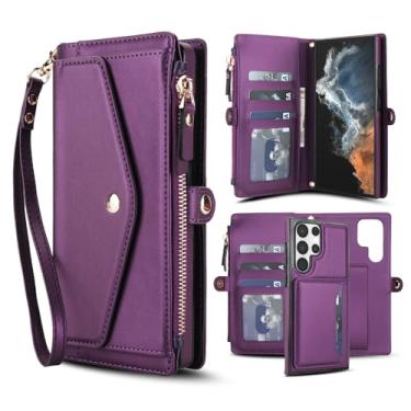 Imagem de Capa carteira para Samsung Galaxy S23 Ultra, capa flip magnética destacável com compartimentos para cartões, bloqueio RFID, suporte e alça de pulso, capa protetora para celular (roxa)