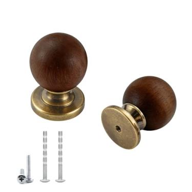 Imagem de GCFTIFF 2 puxadores de nogueira para armário antigo, alças esféricas vintage, puxador decorativo, puxador moderno para armário de móveis cômoda (esférico, nogueira)