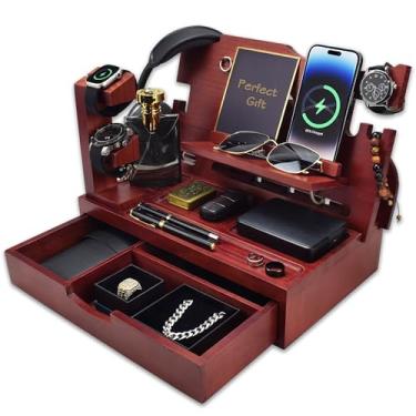 Imagem de KWYADLUO Organizador de mesa de cabeceira masculino com gaveta grande, base de madeira para telefone, Apple Watch, carteira e chaves, para pai marido, organizador de mesa de cabeceira (Mogno)