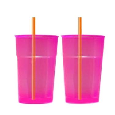 Imagem de Conjunto de 100 copos neon de 300 ml + agitadores premium, ideais para bebidas, festas e comemorações de aniversário(Rosa)