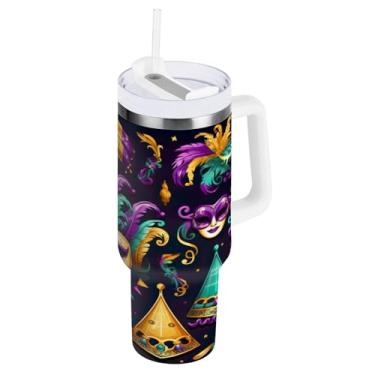 Imagem de Blueangle Copo isolado para Mardi Gras de 1,134 g com alça e tampa de palha, caneca de viagem reutilizável de aço inoxidável (299)