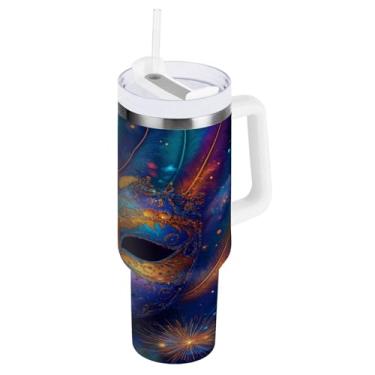 Imagem de Blueangle Copo isolado de máscara colorida Mardi Gras de 1,134 g com alça e tampa de palha, caneca de viagem reutilizável de aço inoxidável (176)