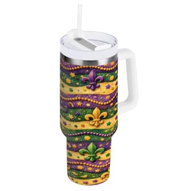 Imagem de Blueangle Copo isolado de listras Mardi Gras de 1,134 g com alça e tampa de palha, caneca de viagem reutilizável de aço inoxidável (962)