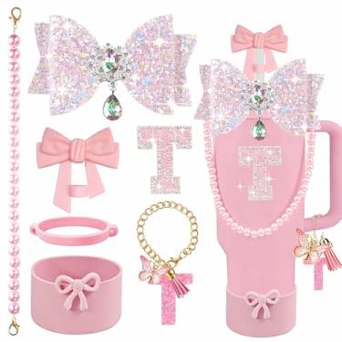 Imagem de Conjunto de 7 peças de acessórios de berloques de letra do dia dos namorados para Stanley Cup, top de palha de laço rosa, bota de silicone, alça de alça, chaveiro de pérola, alça de alça de pérola