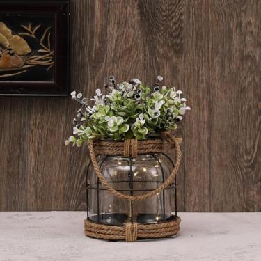 Imagem de GARSHEON Vaso de vidro Rusitc com flores artificiais, decoração de fazenda com luzes, vaso de vidro vintage com alças para decoração de casa, arranjo floral, casamento, aniversário, presente de