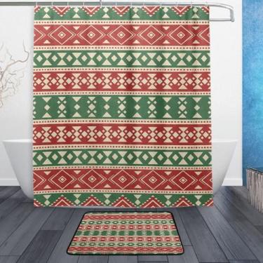 Imagem de Kigai Conjunto de tapetes de cortina de banho de textura de Natal verde vermelho tricotado 2 peças, conjunto de tema de banheiro (152 x 182 cm) com cortina de chuveiro e tapete antiderrapante - 12