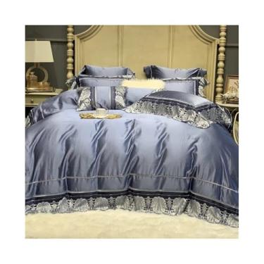 Imagem de Conjunto de capa de edredom de algodão egípcio 1000TC de 4 peças, capa de edredom com brilho sedoso macio e bordado de renda (Queen Size 4 peças)