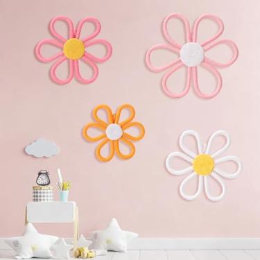 Imagem de UwinVwin 4 peças para pendurar na parede boho margarida, decoração de flor de macramê tecido, arte de parede boêmia para sala de estar, quarto, casa