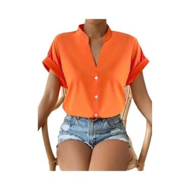 Imagem de Blusa feminina de botão de couro PU, Turn Down Collar, Bodycon Working