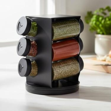 Imagem de Porta Temperos Giratório com 6 Potes de Vidro Quadrados, Tampa de Rosca, Base Giratória, Preto