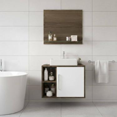 Imagem de Kit Gabinete de Banheiro 60cm com Cuba e Painel 1 Porta 2 Prateleiras Arte Cas - Cor Branco/Marrom