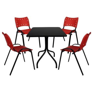 Imagem de Jogo Mesa 70x70 Preta Para Bares E Restaurantes Com 4 Cadeiras Iso Vermelha