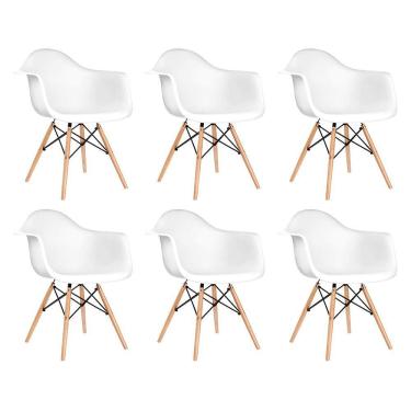 Imagem de Kit 6 Poltronas Eames De Madeira Com Braço Daw Com Assento Branco