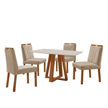 Imagem de Conjunto Sala De Jantar Mesa Floripa 120x80cm Off White Com 4 Cadeiras Luna Veludo Bege