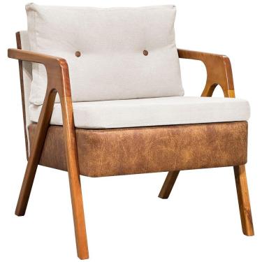Imagem de Poltrona Linho Moderna Laura Corino Com Linho Pé Castanho - Off White, Linho