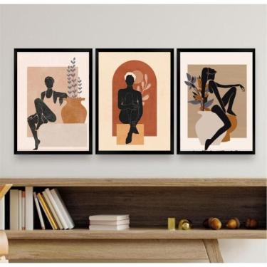 Imagem de Kit 3 Quadros Bohos Mulheres c/ Vasos 33x24cm - Vidro