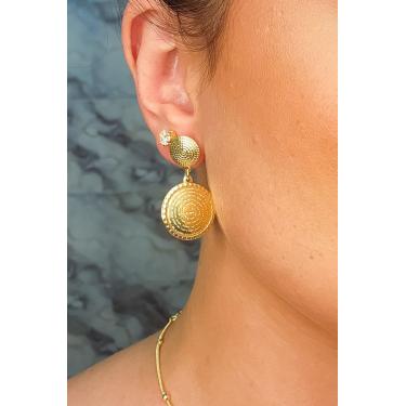 Imagem de Brinco Médio Medalha Pai Nosso Banhado em Ouro 18k